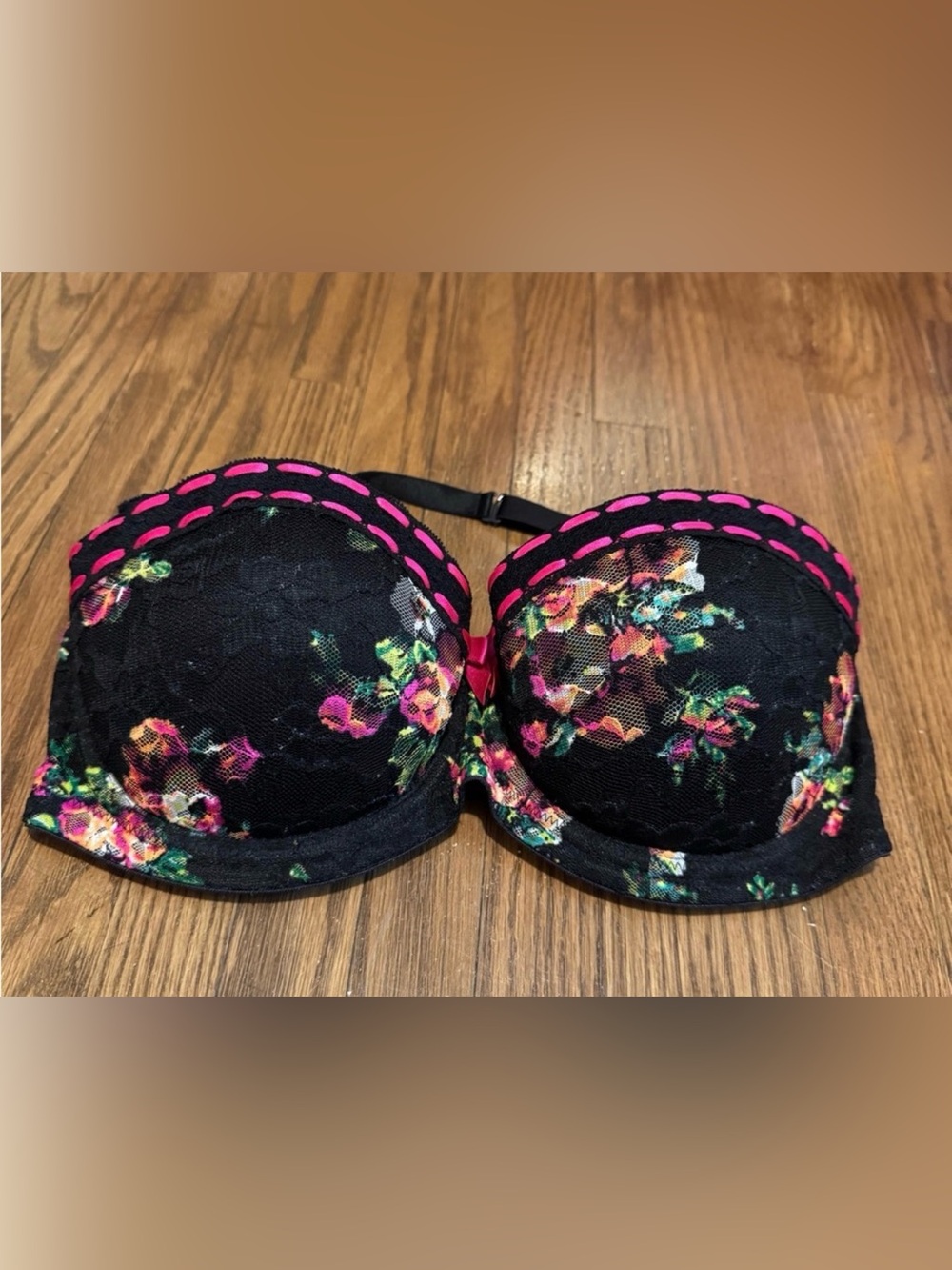 La SENZA Black Floral Lace Bustier Bra with Hot Pink Trim